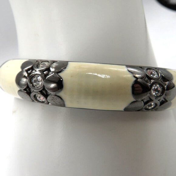 Enamel Bracelet Cream Gun Metal Gray Hinged Bangle Clear Rhinestone Accents - Picture 1 of 12
